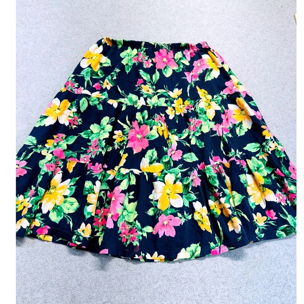 Old Navy Tiered Skirt Girls XL 14-16 Navy Blue Floral Boho Ruffle Knee Length
